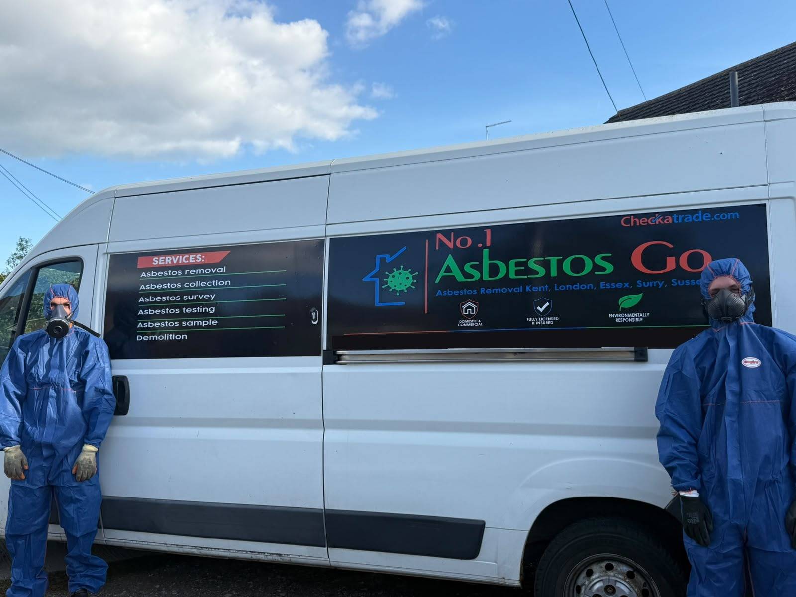 Our team in protective suits and masks beside the No.1 Asbestos Go van